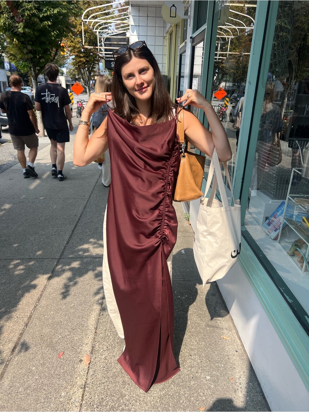 BHLDN Burgundy Satin Cowl Ruched Maxi Dress